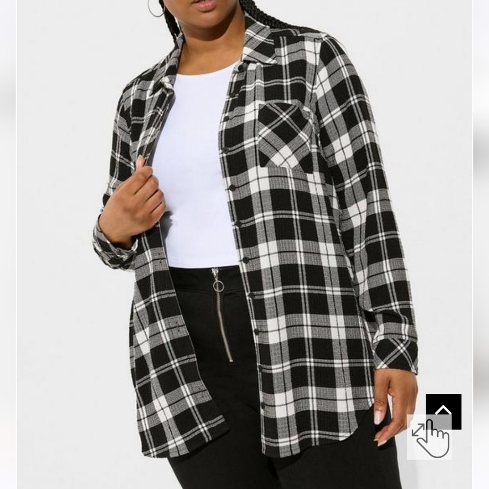 🆕️ 1X BLACK & WHITE PLAID "LIZZIE" CRINKLE FLANNEL GAUZE BUTTON-UP TUNIC